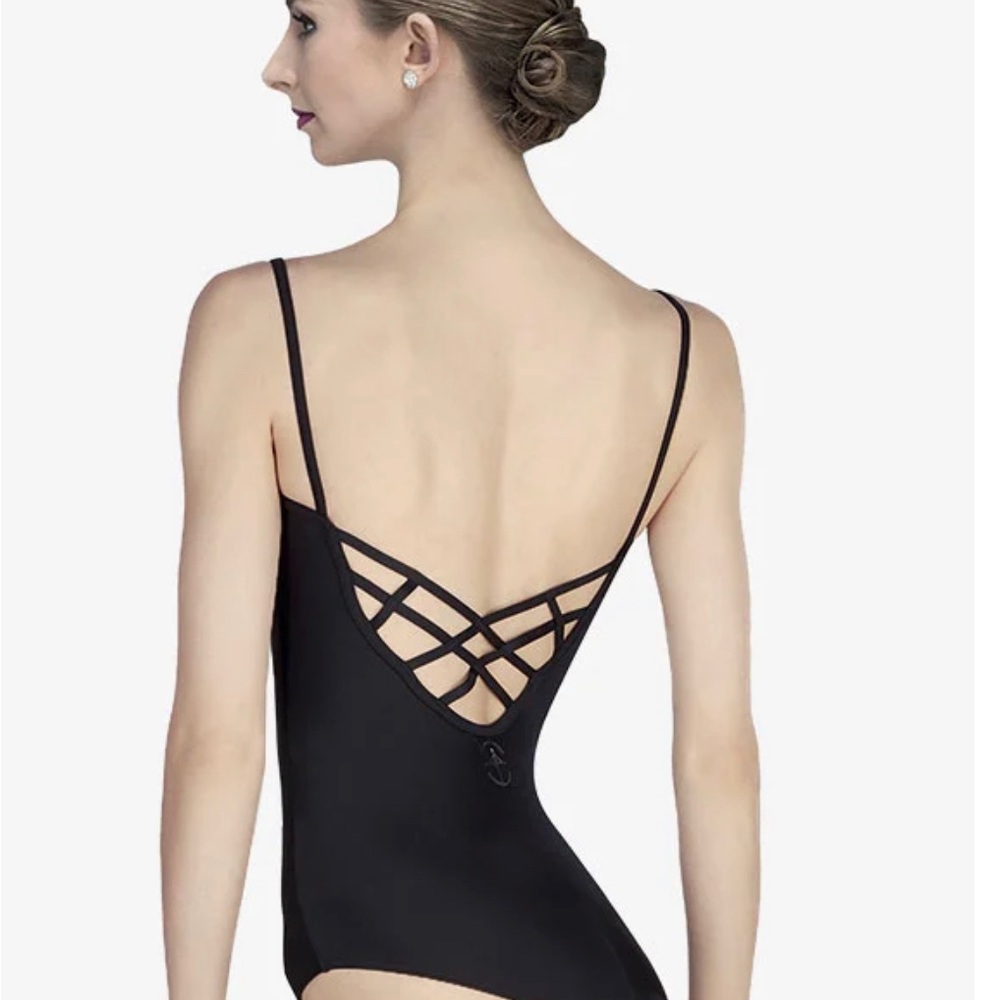 Wear Moi black leotard with criss cross back detail. Size medium